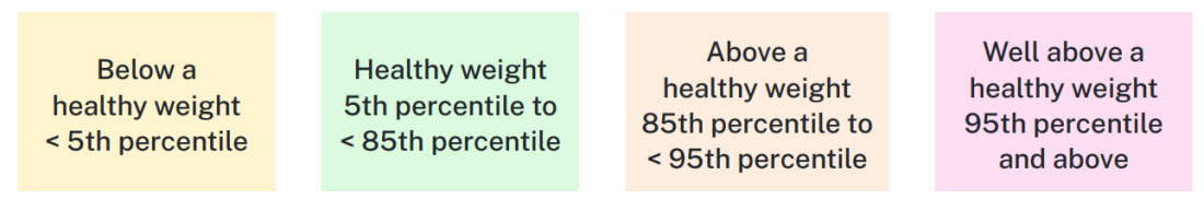 Below a healthy weight: under 5th percentile. Healthy weight: 5th percentile to 85th percentile. Above a healthy weight: 85th percentile to 95th percentile. Well above a healthy weight: 95th percentile and above.